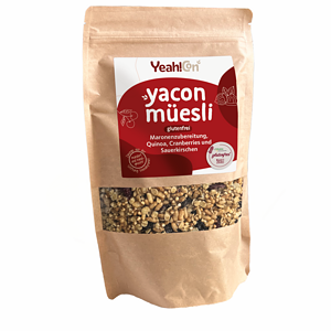 Yacon Müsli glutenfrei mit Quinoa, Cranberries, Maronen und Sauerkirschen. Perfekt für glutenfreie E.