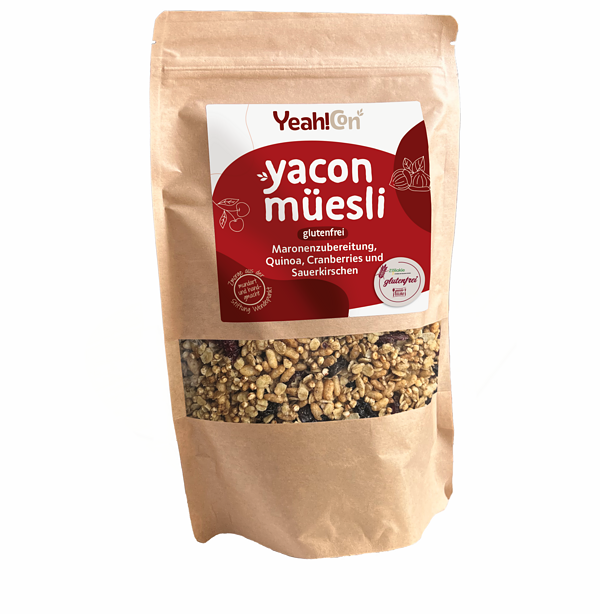 Yacon Müsli glutenfrei mit Quinoa, Cranberries, Maronen und Sauerkirschen. Perfekt für glutenfreie E.