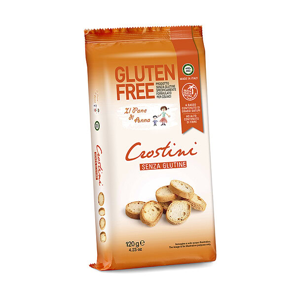 Glutenfreier Crostini Snack in orange Verpackung mit Bild von Crostini.