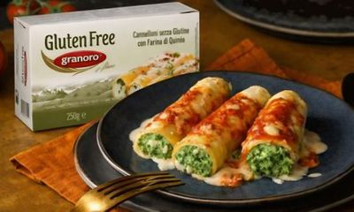 Glutenfreie Cannelloni mit Quinoa und Spinat auf dunklem Teller.
