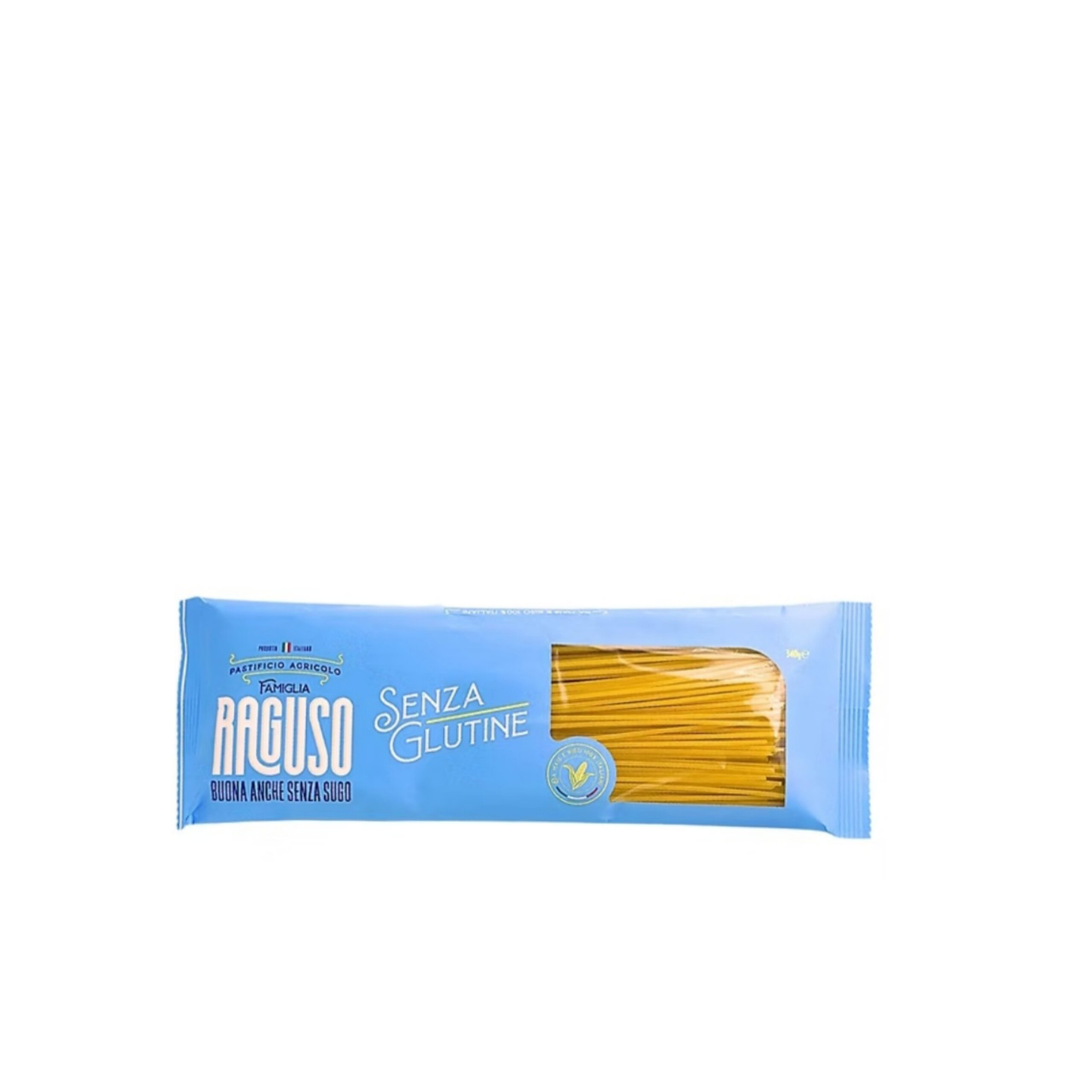 Glutenfreie Spaghetti in blauer Verpackung, RAGUSO Marke, für glutenfreie Ernährung.